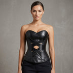 Women's Black PU Leather Gothic Steampunk Halloween Corset - Front