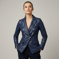 Women's Double Breasted Brown Leather Blazer - Front
