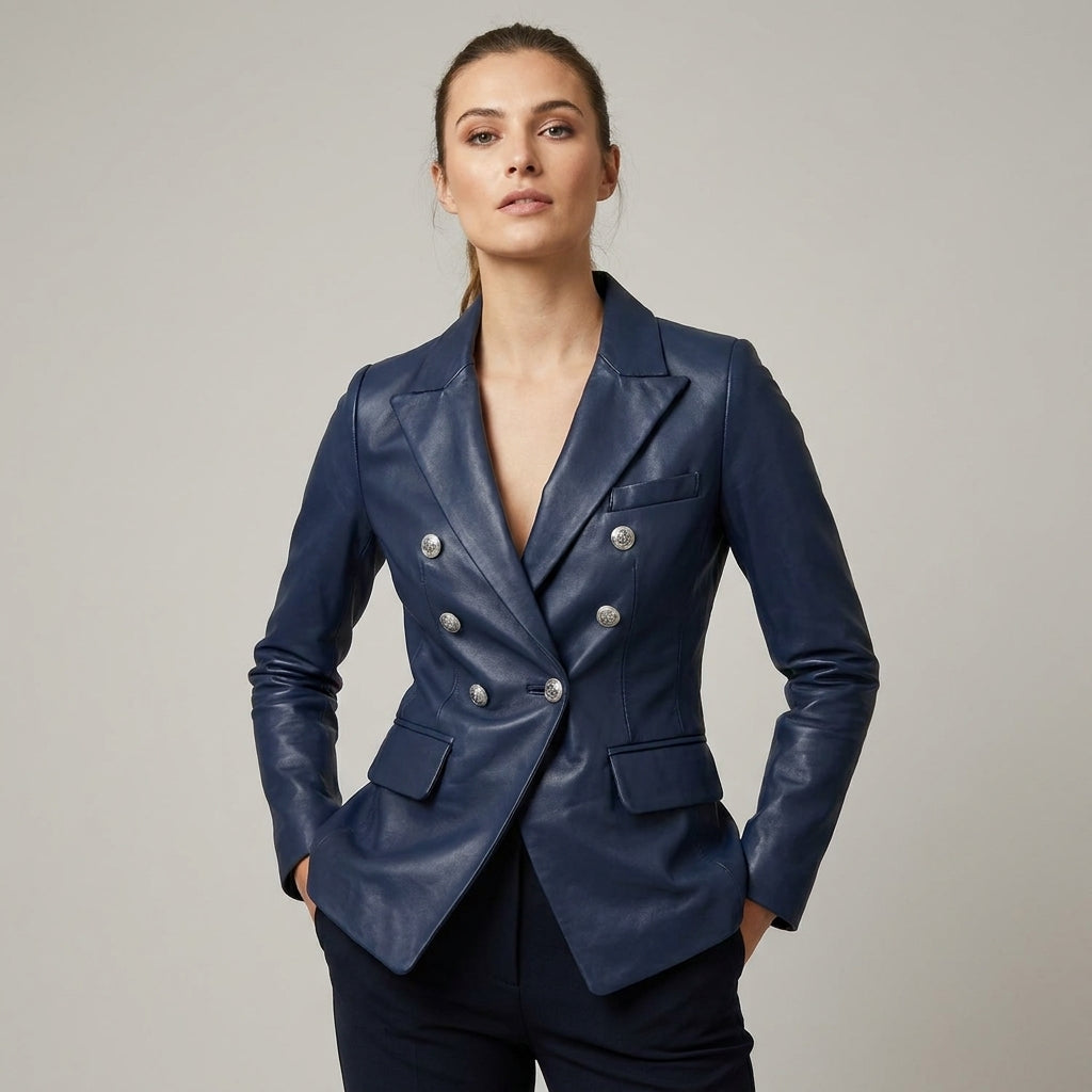 Women's Double Breasted Brown Leather Blazer - Front