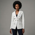 Women's Double Breasted Blue Leather Blazer - Front