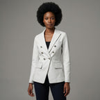 Women's Double Breasted Blue Leather Blazer - Front