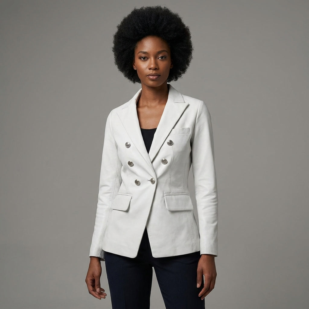Women's Double Breasted Blue Leather Blazer - Front