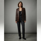 Women's Brown Leather Blazer - Front