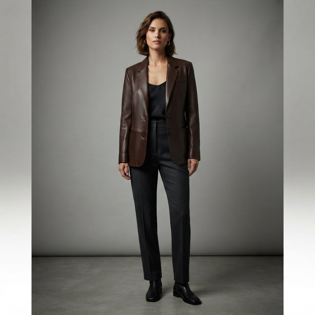 Women's Brown Leather Blazer - Front