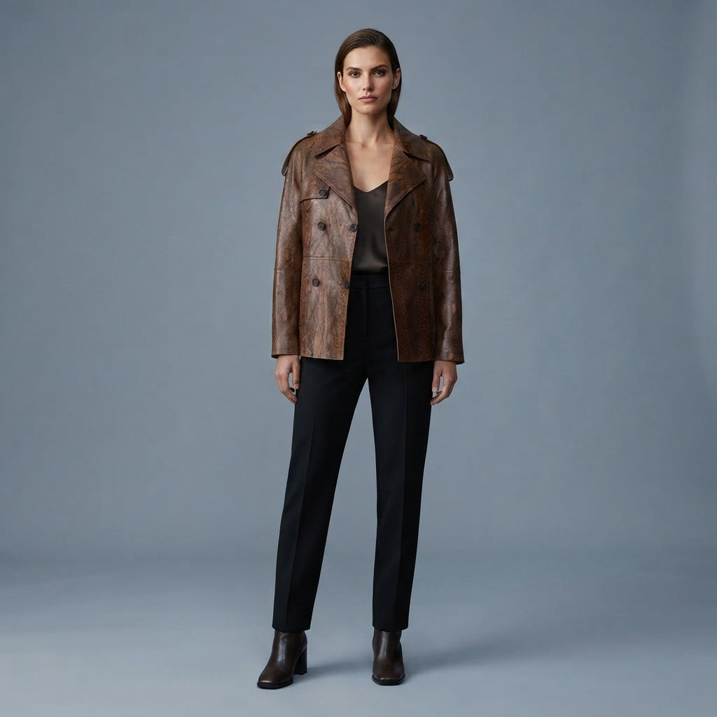 Women's Double Breasted Leather Blazer - Front