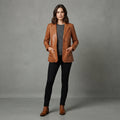 Women's Brown Leather Blazer Jacket - Front