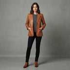 Women's Brown Leather Blazer Jacket - Front