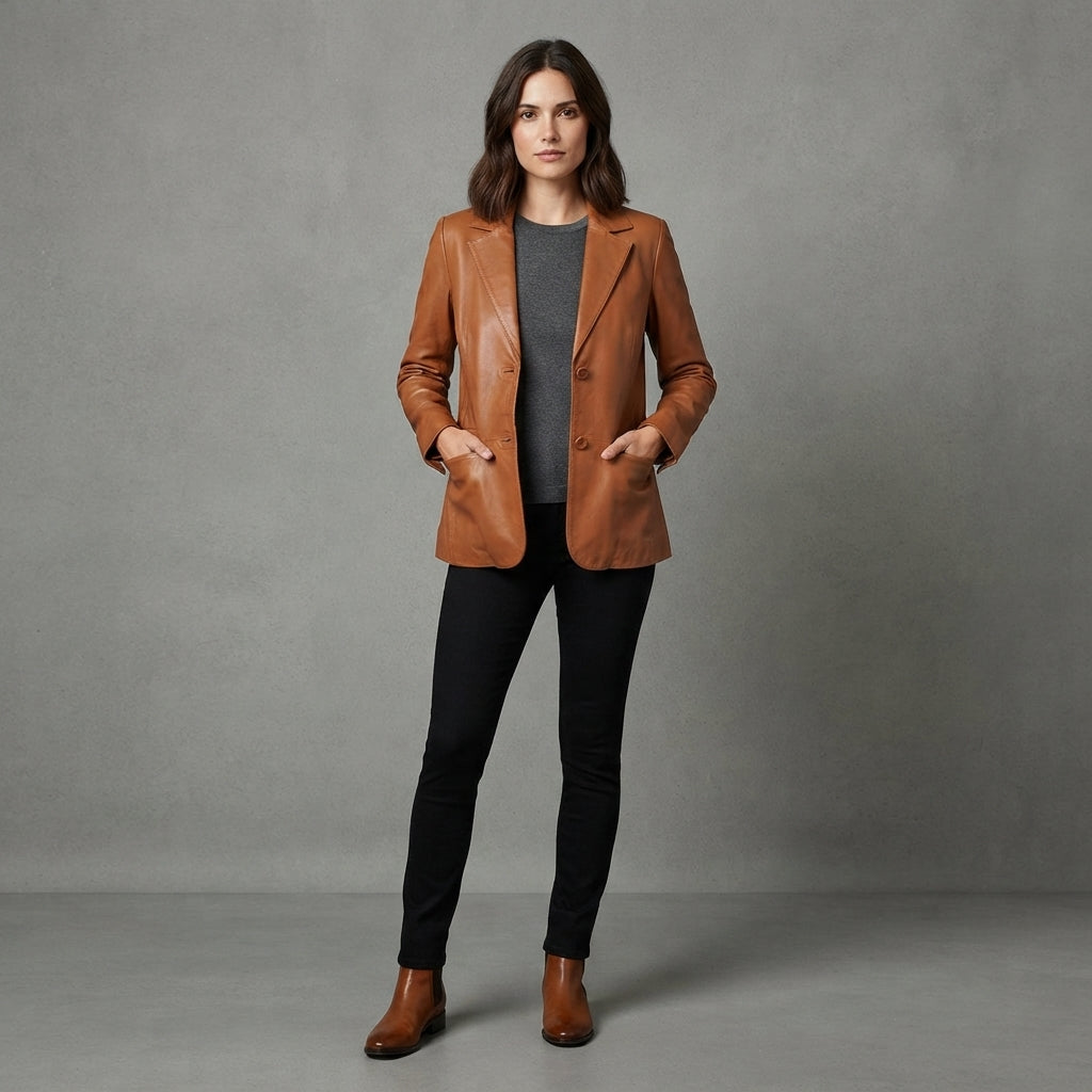 Women's Brown Leather Blazer Jacket - Front