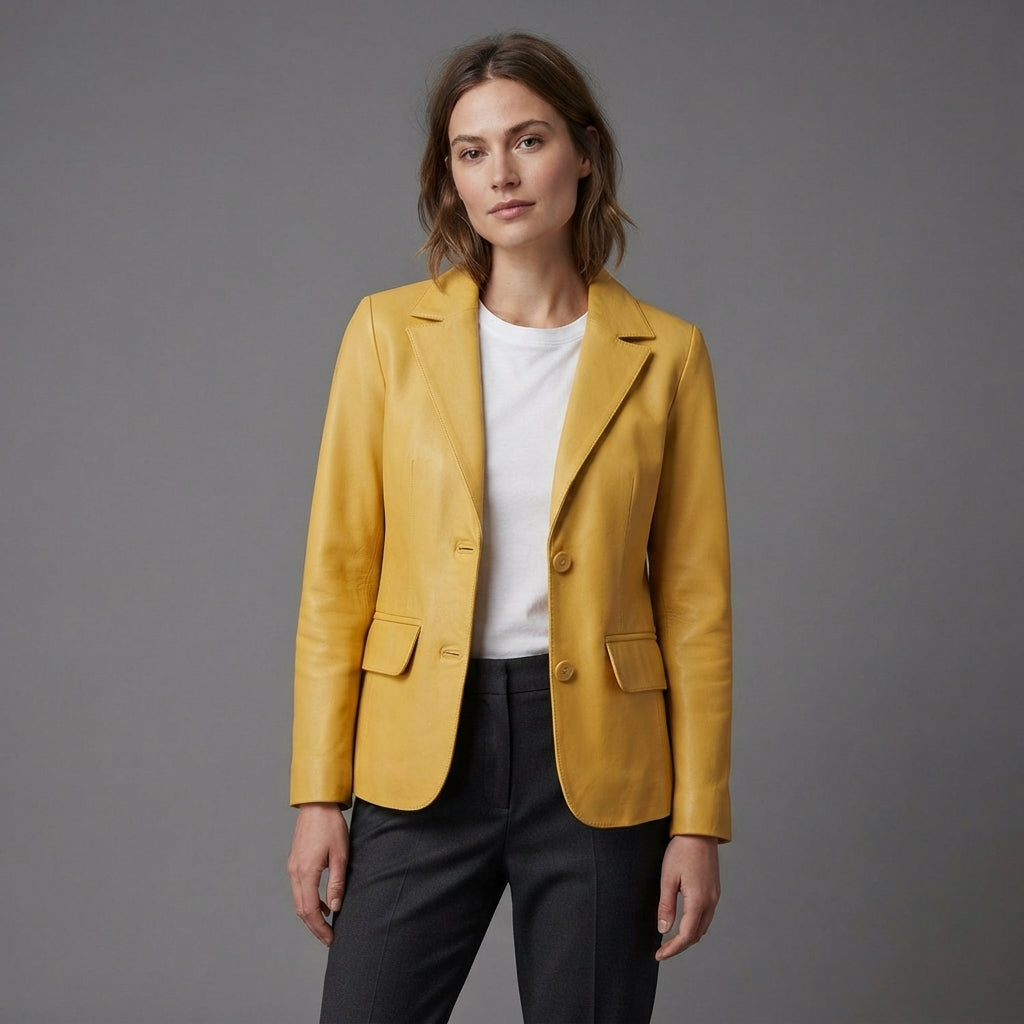 Women's Notched Collar Leather Blazer - Front