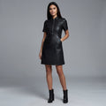 Women's Black Leather Front Zip Shirt Collar Dress - Front