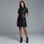 Women's Black Leather Front Zip Shirt Collar Dress - Front