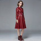 Women's Red Genuine Leather Party Dress Coat - Front