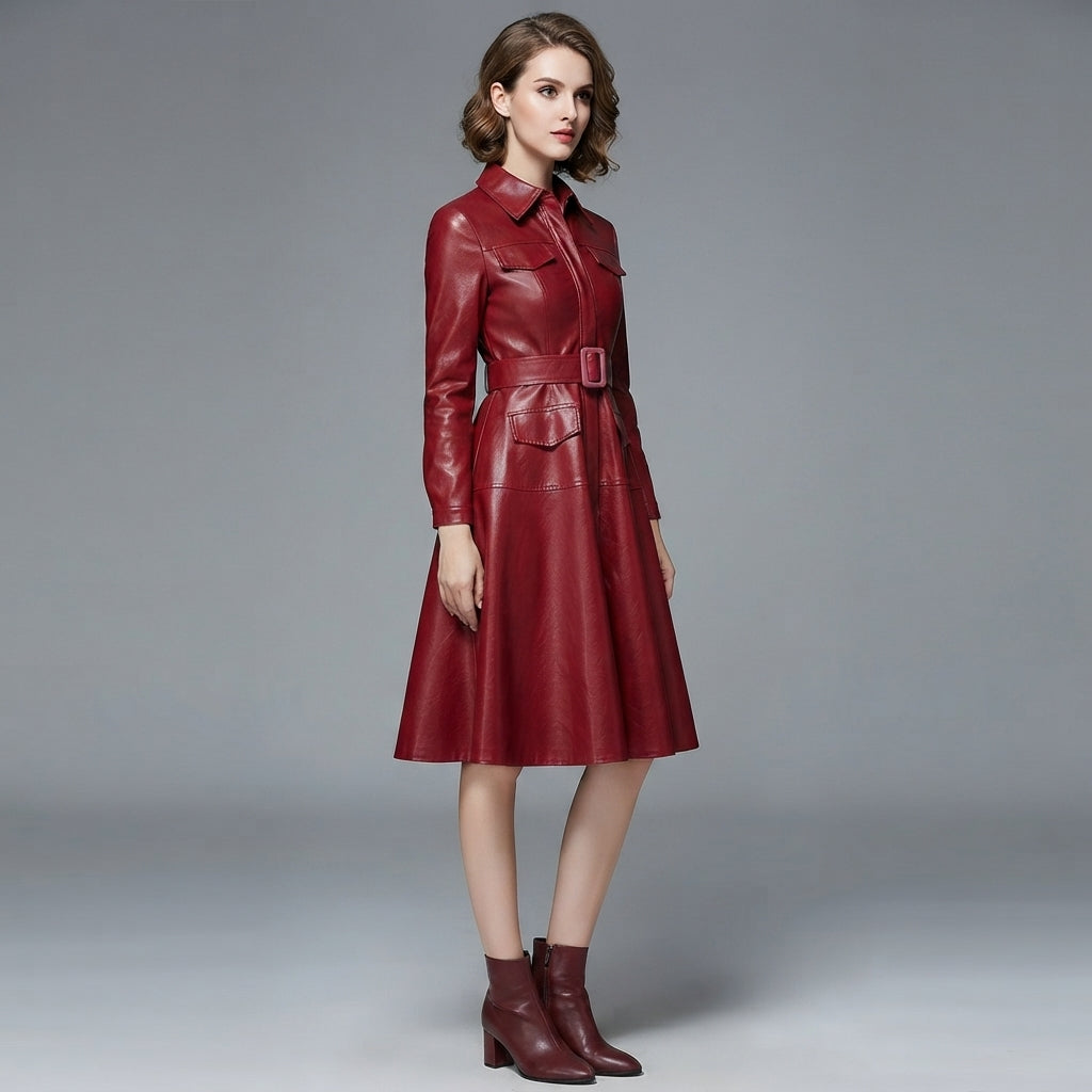 Women's Red Genuine Leather Party Dress Coat - Front