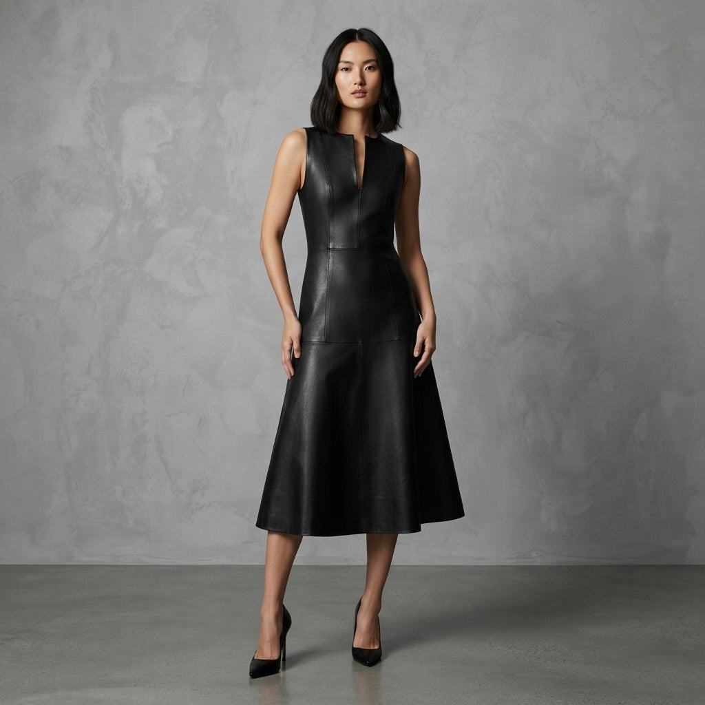 Women's Black Genuine Lambskin Leather Dress - Front