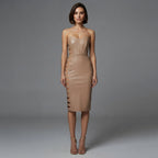 Women's PU Leather Midi Dress in Camel - Front