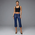 Women's Navy PU Leather Capris - Front