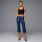 Women's Navy PU Leather Capris - Front