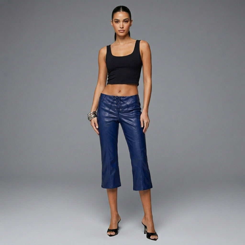 Women's Navy PU Leather Capris - Front
