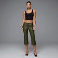 Women's Olive PU Leather Flared Capri Pants - Front
