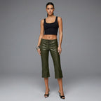 Women's Olive PU Leather Flared Capri Pants - Front