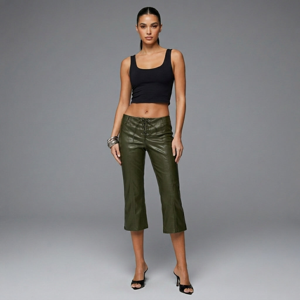Women's Olive PU Leather Flared Capri Pants - Front