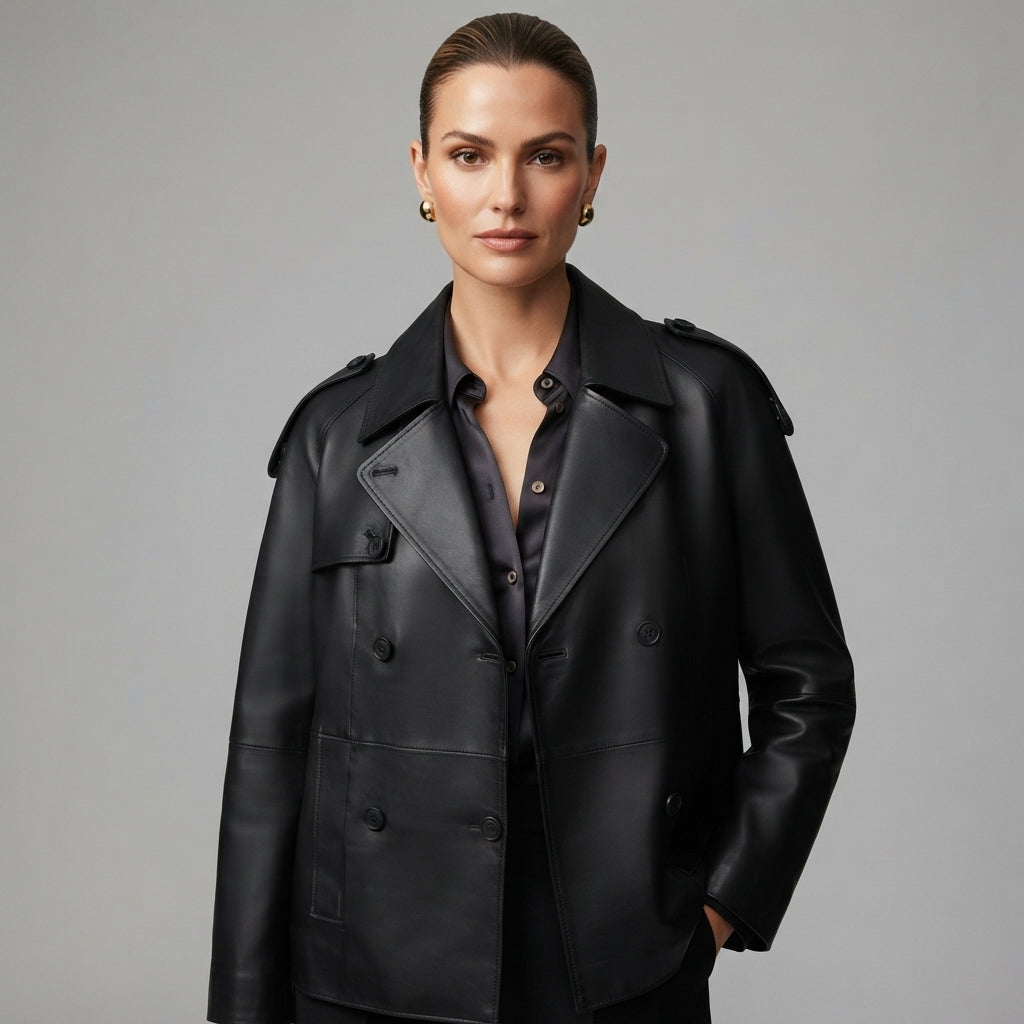 Women's Stylish Black Leather Blazer - Front