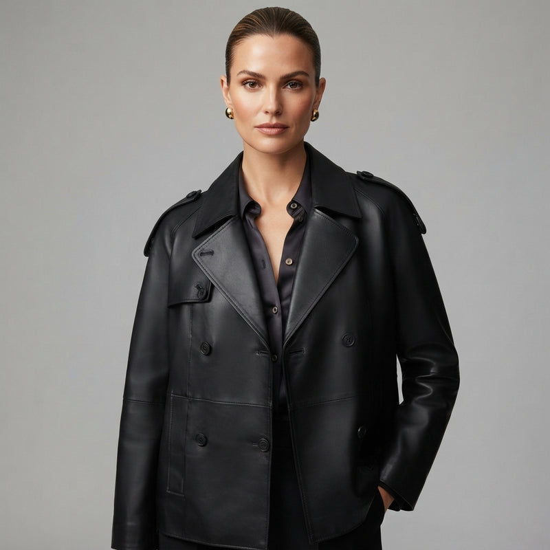 Women's Stylish Black Leather Blazer - Front