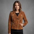 Women's Brown Suede Biker Jacket - Front