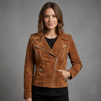 Women's Brown Suede Biker Jacket - Front