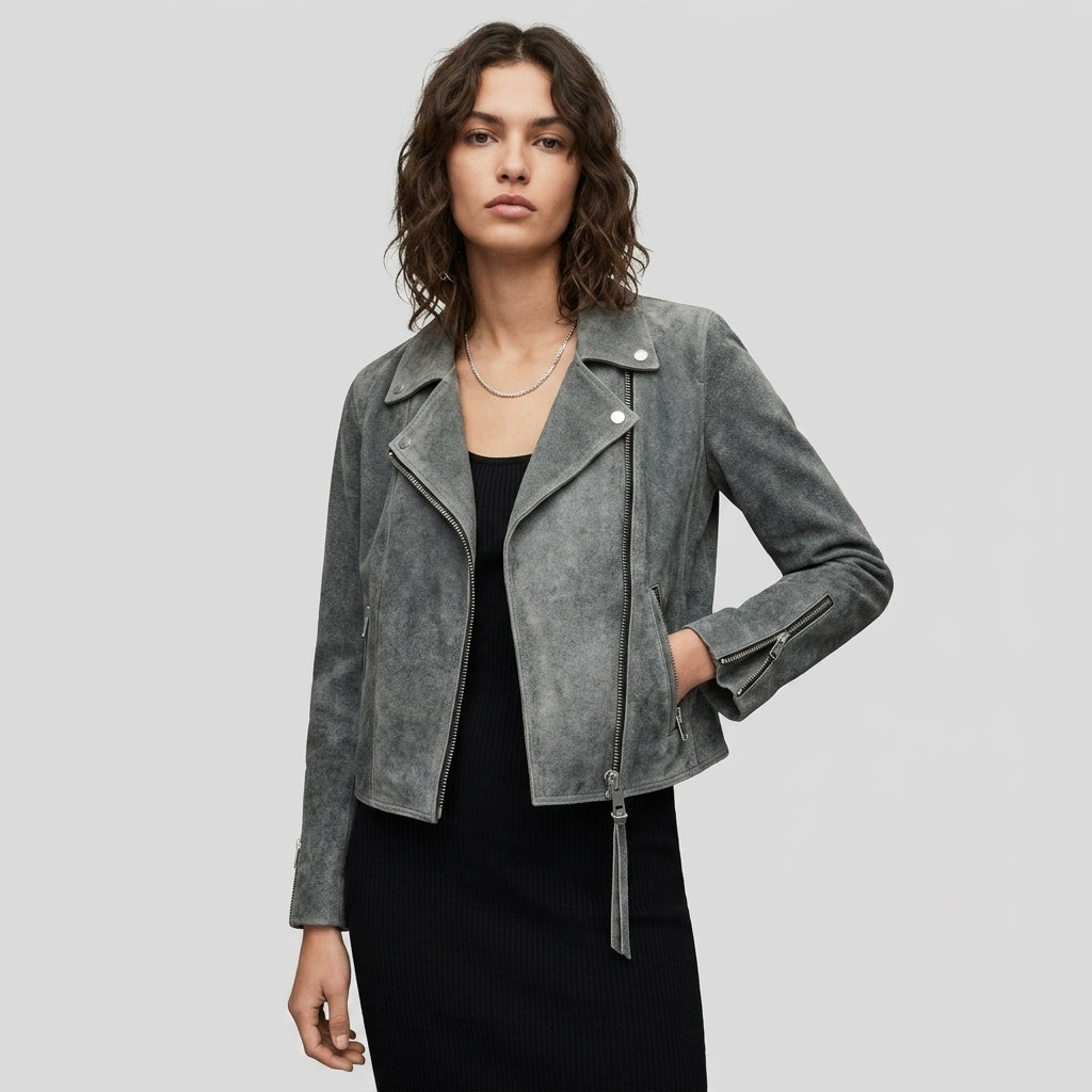 Women's Suede Leather Biker Jacket - Front