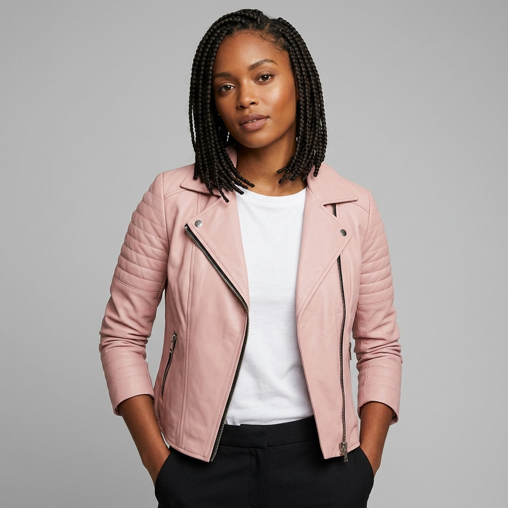 Women's Pink Leather Biker Jacket - Front