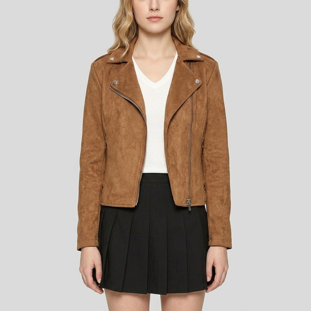 Women's Suede Leather Moto Jacket - Front