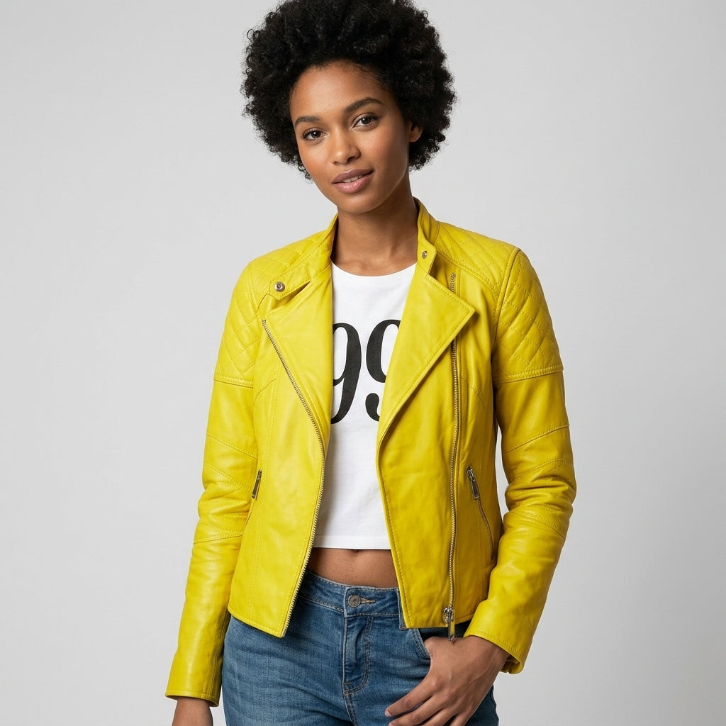 Women's Cross Zip Slim Fit Leather Biker Jacket - Front