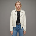Women's Slim Cross Zip Leather Moto Jacket - Front