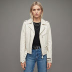 Women's Slim Cross Zip Leather Moto Jacket - Front