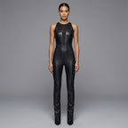 Women's Black Sexy Leather Jumpsuit - Front