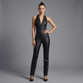 Women's V-Neck Leather Jumpsuit - Front