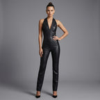 Women's V-Neck Leather Jumpsuit - Front