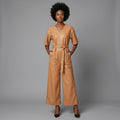 Women's Brown Leather Jumpsuit - Front