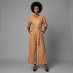 Women's Brown Leather Jumpsuit - Front