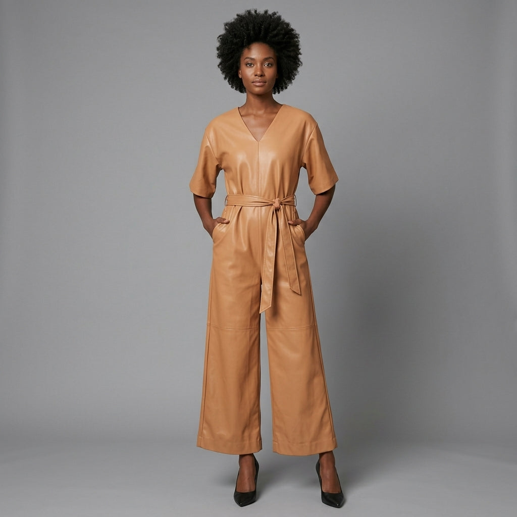 Women's Brown Leather Jumpsuit - Front