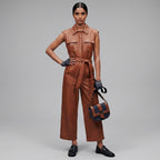 Women's Brown Utility Leather Jumpsuit - Front