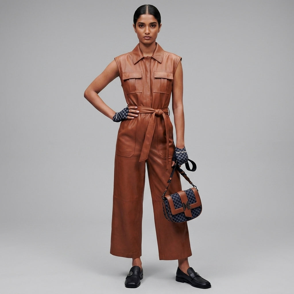 Women's Brown Utility Leather Jumpsuit - Front