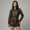 Women's Brown PU Leather Romper - Front