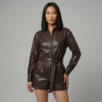 Women's Brown PU Leather Romper - Front