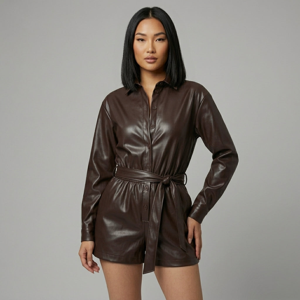 Women's Brown PU Leather Romper - Front