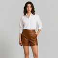 Women's Vegan Leather High Waist A-Line Shorts - Front