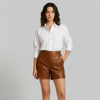 Women's Vegan Leather High Waist A-Line Shorts - Front
