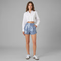 Women's PU Leather Shorts in Dusty Blue - Front