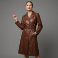 Women's Vintage Chocolate Brown Leather Trench Coat - Front